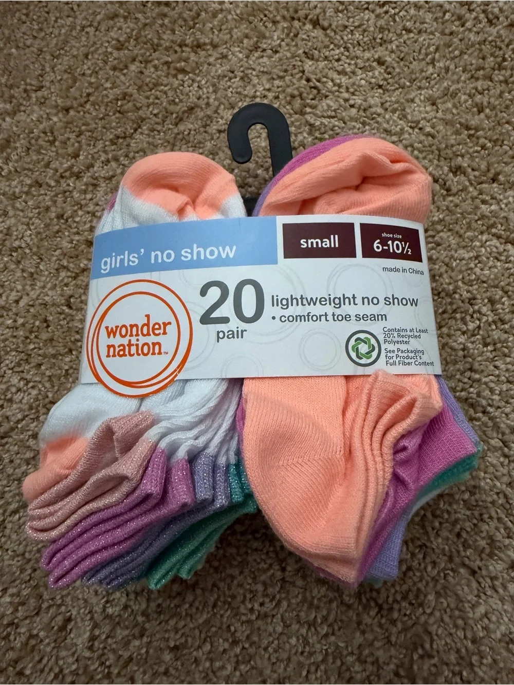Wonder Nation Girls' Lightweight No Show Socks, 20-Pair Pack Small, Shoe Size 6